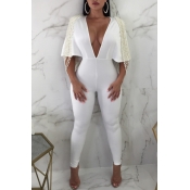 Lovely Sexy V Neck Pearl White Polyester One-piece