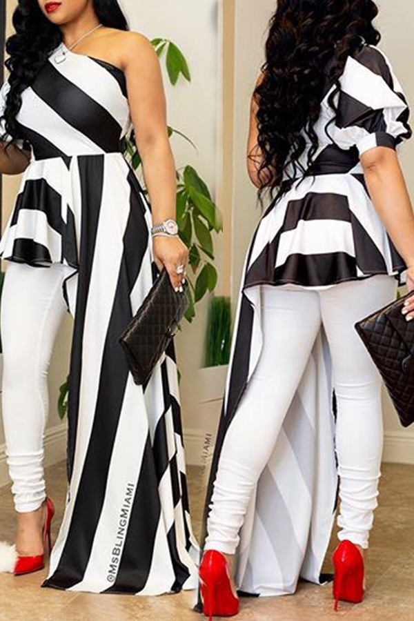 LovelyChic Show A Shoulder Irregular Design Black+White Striped Cotton Blends Shirts