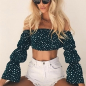 Lovely Sweet Bateau Neck Dot Printed Green Polyest