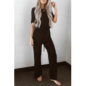 Lovely Casual Round Neck Drawstring Black Cotton B