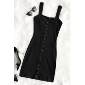 Lovely Casual Square Collar Buttons Black Cotton B