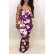 Lovely Bohemian V Neck Floral Printed Purple Spand