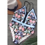 Lovely Floral Printed Patchwork One-piece Swimwear