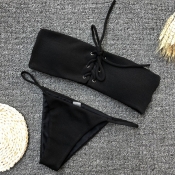 Lovely Black Lace-up Two-piece Swimwear
