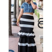 LovelyTrendy High Waist Striped Black Skirt