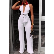 Lovely Sexy Deep V Neck White One-piece Jumpsuits