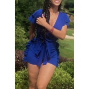 Lovely Sexy Deep V Neck Blue One-piece Rompers