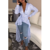 Lovely Casual Asymmetrical Striped Blue Blouses