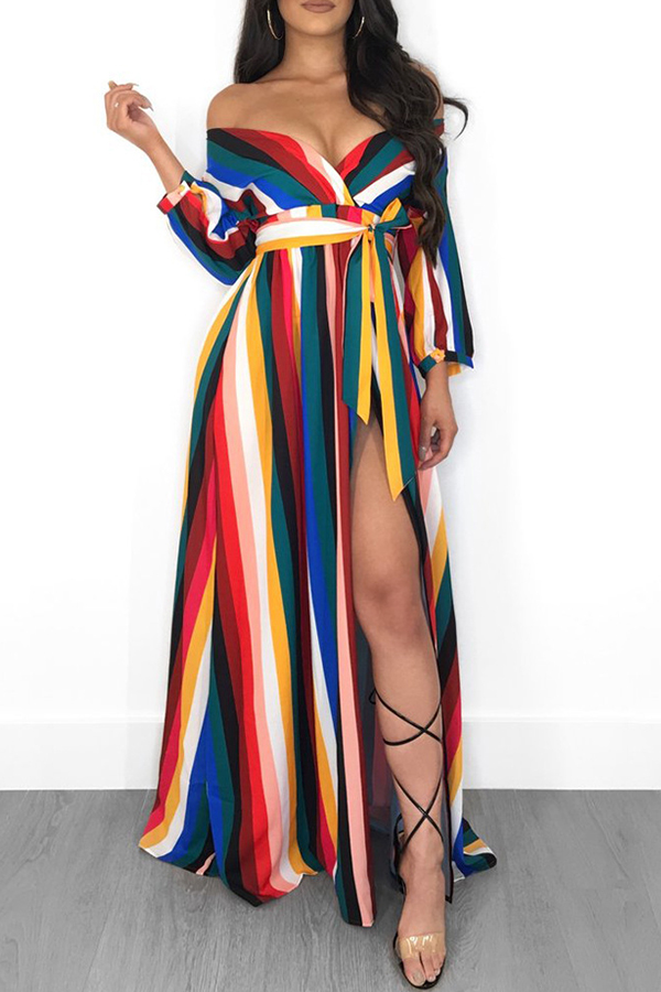 Lovely Euramerican Side Slit Striped Multicolor Floor Length Dress