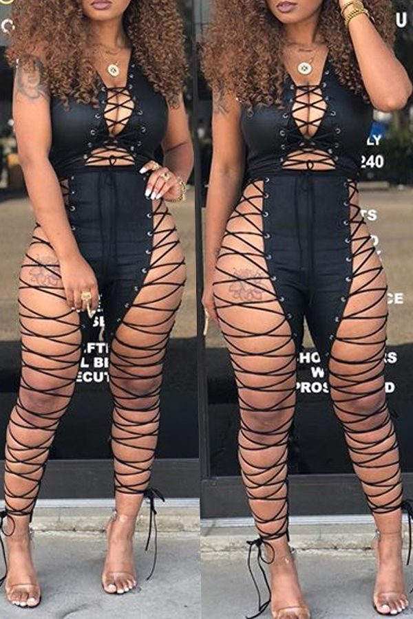 Lovely Sexy Lace-up Hollow-out Black Leather One-piece Jumpsuits