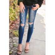 LovelyTrendy Mid Waist Broken Holes Blue Blending 