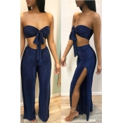 Lovely Casual Dew Shoulder Side Slit Dark Blue Two