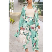Lovely Casual Floral Printed Light Green Two-piece