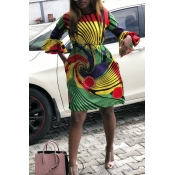 Lovely Casual Printed pockets Multicolor Knee Leng