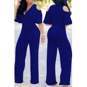 Lovely Casual Cold-shoulder Blue One-piece Jumpsui