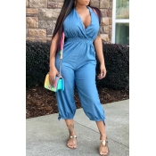 Lovely Casual Backless Baby Blue Denim One-piece J