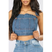 Lovely Casual Backless Baby Blue Denim Tank Top