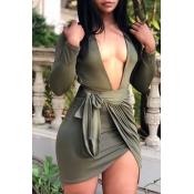 Lovely Casual V Neck Backless Green Mini Dress