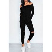 Lovely Casual Dew Shoulder Broken Holes Black One-