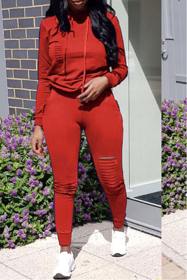Lovely Casual Hooded Collar Broken Holes Red Blending Two-piece Pants Set