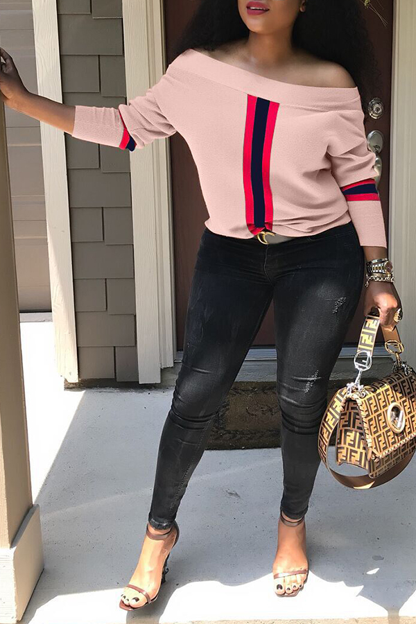 Lovely Casual Dew Shoulder Patchwork Khaki Blending Sweaters