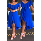 Lovely Casual Asymmetrical Flounce Blue Twilled Sa