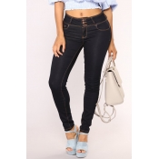 Lovely Casual Buttons Design Skinny Black Jeans
