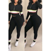 Lovely Casual Hooded Collar Striped Black Two-piec