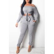 Lovely Casual Knot Design Grey Two-piece Pants Set