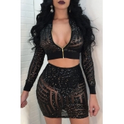 Lovely Sexy Long Sleeves Sequined Decorative Black