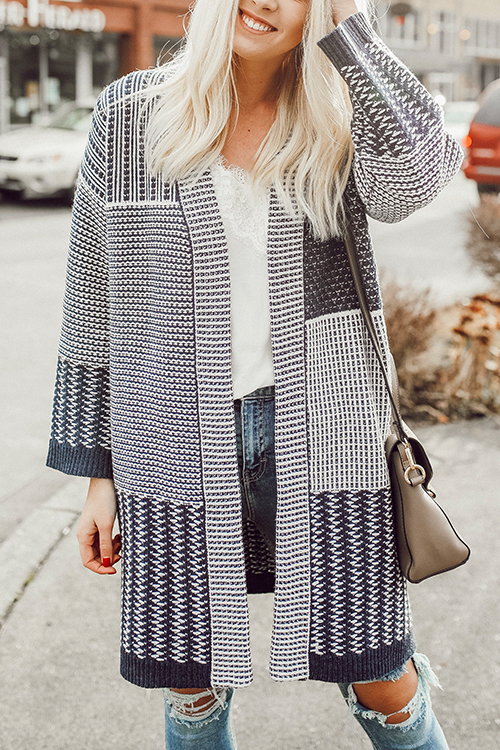 Lovely Casual Geometric Printed Long Dark Blue Cardigan Sweaters