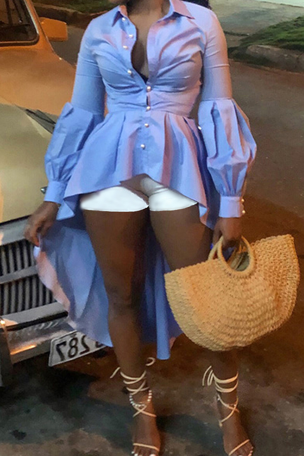 Lovely Euramerican Irregular Hems Hubble-bubble Sleeves Blue Blouses
