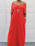 Lovely Casual Pockets Design Red Blending Floor Length Dress