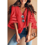 Lovely Sweet Flare Sleeves Red Cotton Blouses