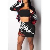 Lovely Trendy Letters Printed Black Two-piece Skir