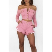 Lovely Chic Open Front With Buttons Pink Two-piece