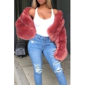 Lovely Casual Winter Long Sleeves Red Faux Fur Coa