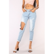 Lovely Casual Broken Holes Blue Cotton Jeans