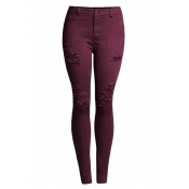 Lovely Casual Broken Holes Wine Red Pants