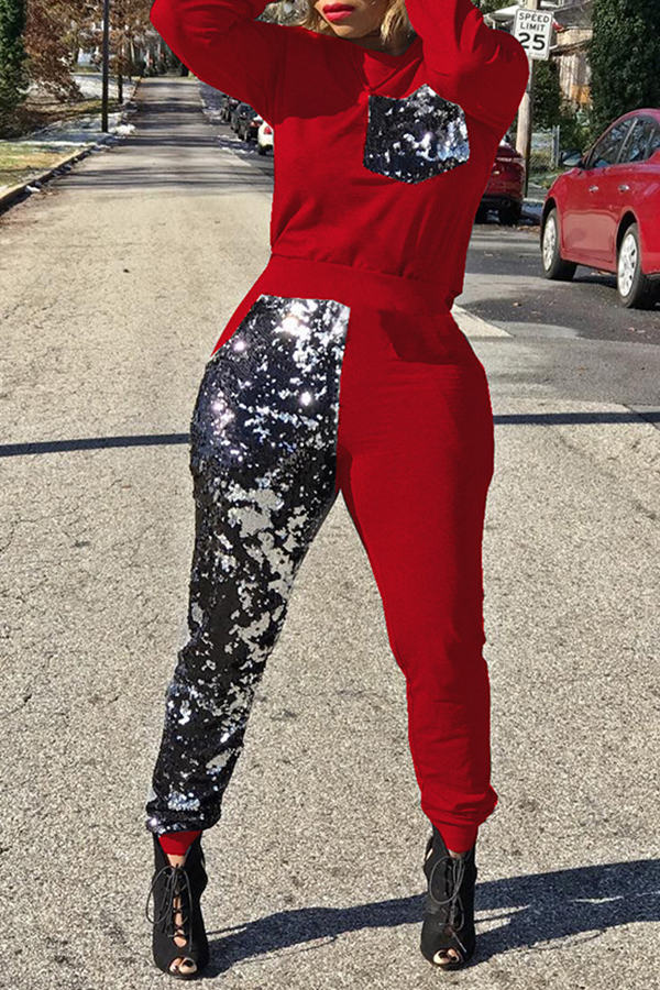 Lovely Casual Patchwork Red Knitting Two-piece Pants Set