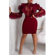 Lovely Elegant Patchwork See-through Wine Red Lace