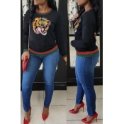 Lovely Casual Tiger Embroidery Black Hoodies