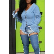 Lovely Casual Trumpet Sleeves Blue Shirts