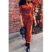 Lovely Casual Brown Corduroy One-piece Jumpsuit