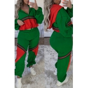 Lovely Casual Long Sleeves Patchwork Green Two-pie