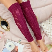Lovely Fashion Hollow-out Knee-high Wine Red Socks