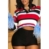 Lovely Casual Striped Villi Cuff Red T-shirt