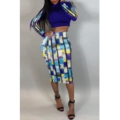 Lovely Casual Show-hilum Printed Blue Two-piece Sk