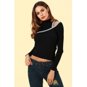 Lovely Casual Dew Shoulder Black Sweaters