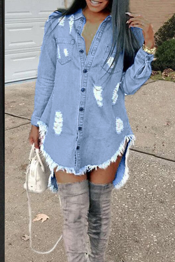 Lovely Fashion Worn Out Design Blue Mini Dress